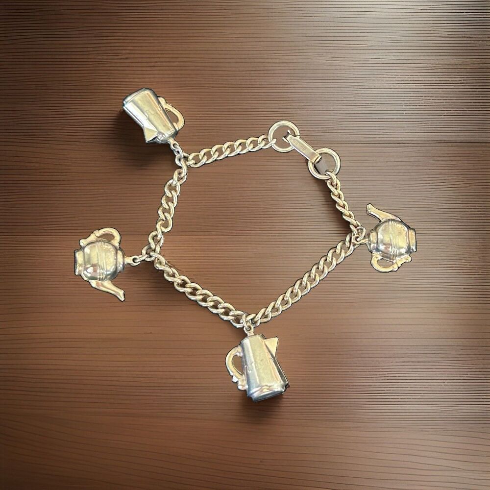 Vintage MAXANN Charm Bracelet Silver Tone Kitchen Teapot Coffee Pot 1950s MCM